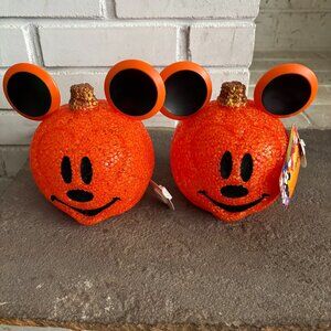 TWO Mickey Mouse Light Up Sparkling Melted Plastic Jack O Lantern 6.5 inch